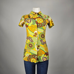 Vintage 1960s Floral Print Short Sleeve Shirt Size S