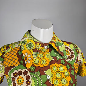 Vintage 1960s Floral Print Short Sleeve Shirt Size S