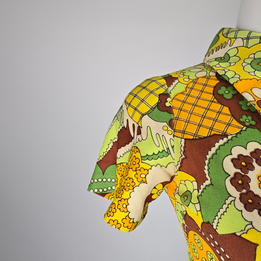 Vintage 1960s Floral Print Short Sleeve Shirt Size S