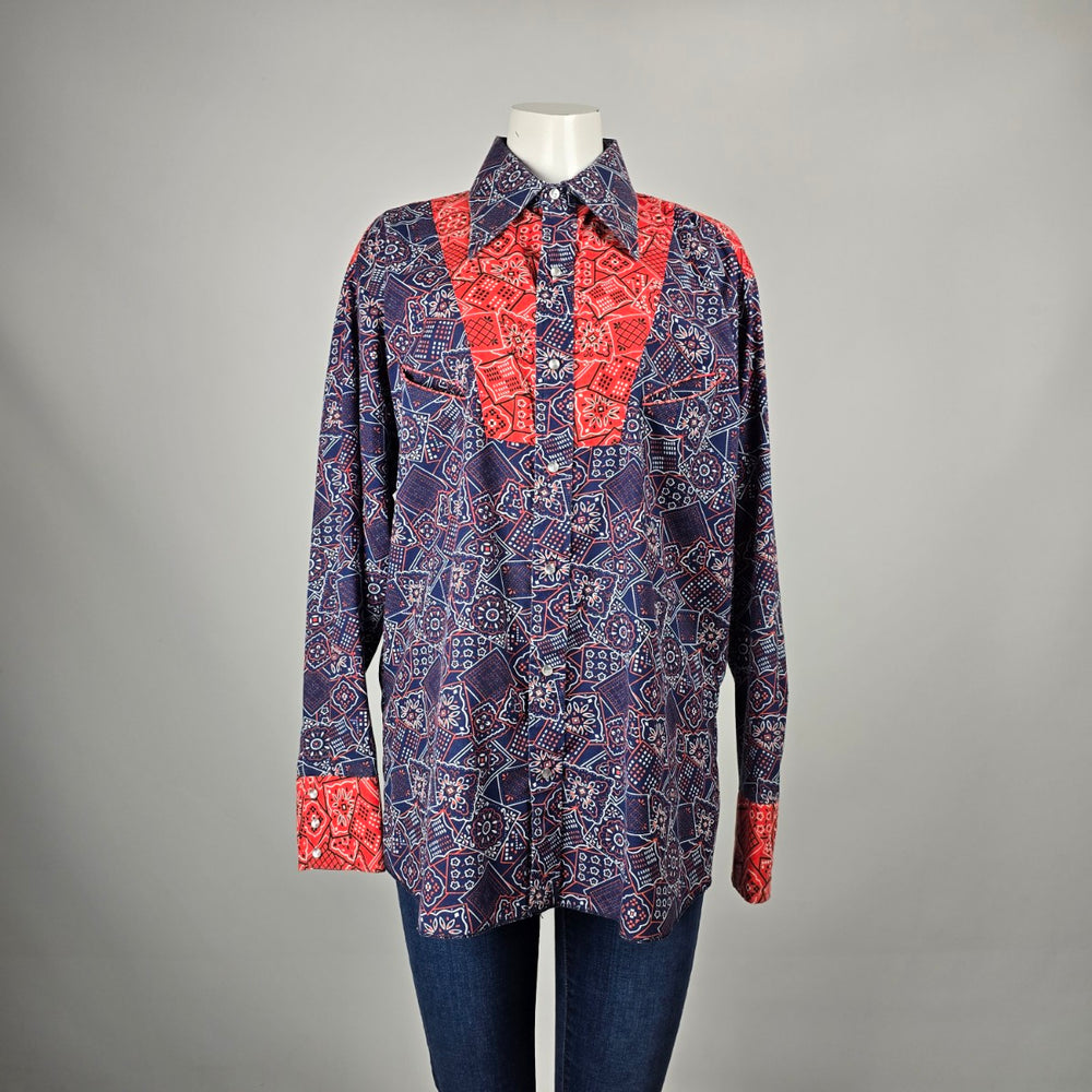 Vintage Caravan Navy Blue & Red Paisley Print Pearl Snap Western Shirt Size L