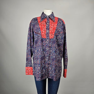 Vintage Caravan Navy Blue & Red Paisley Print Pearl Snap Western Shirt Size L