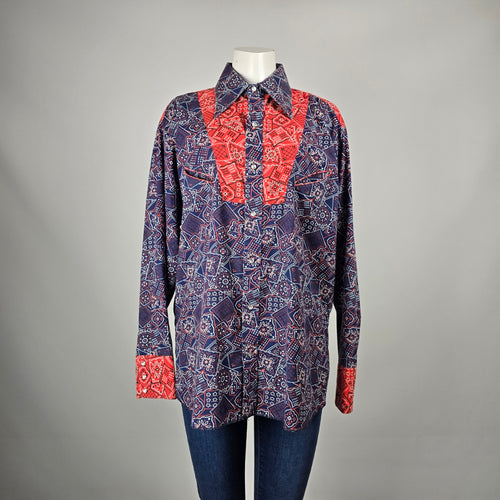 Vintage Caravan Navy Blue & Red Paisley Print Pearl Snap Western Shirt Size L