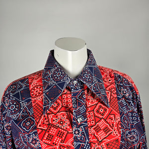 Vintage Caravan Navy Blue & Red Paisley Print Pearl Snap Western Shirt Size L