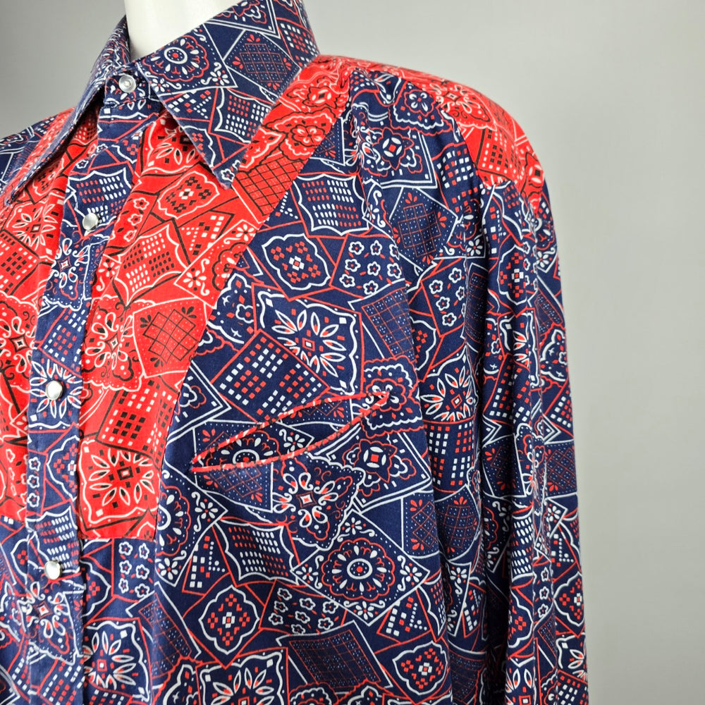 Vintage Caravan Navy Blue & Red Paisley Print Pearl Snap Western Shirt Size L