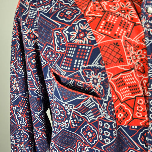 Vintage Caravan Navy Blue & Red Paisley Print Pearl Snap Western Shirt Size L