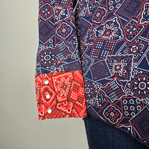 Vintage Caravan Navy Blue & Red Paisley Print Pearl Snap Western Shirt Size L