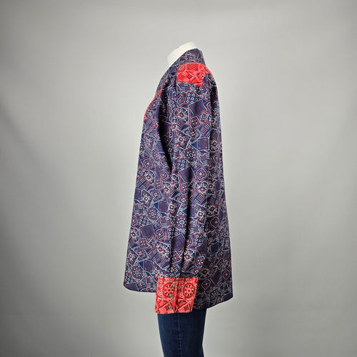 Vintage Caravan Navy Blue & Red Paisley Print Pearl Snap Western Shirt Size L