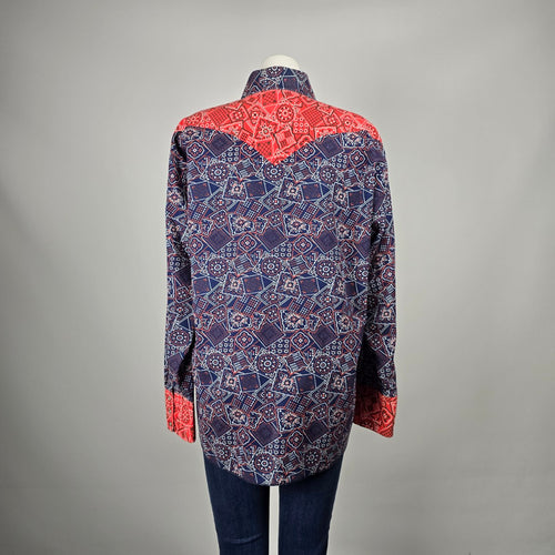 Vintage Caravan Navy Blue & Red Paisley Print Pearl Snap Western Shirt Size L
