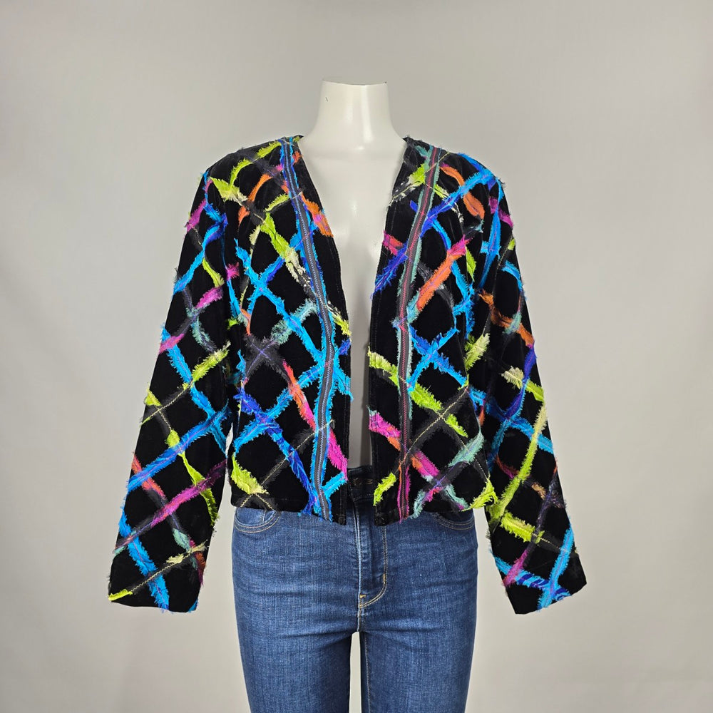 Chico's Colorful Lattice Black Velvet Blazer Size 12