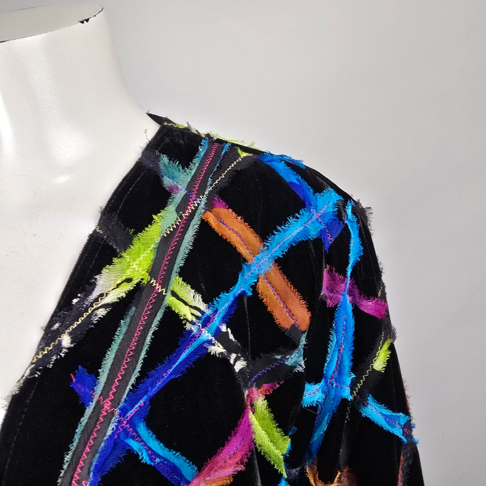 Chico's Colorful Lattice Black Velvet Blazer Size 12
