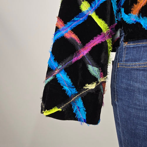 Chico's Colorful Lattice Black Velvet Blazer Size 12