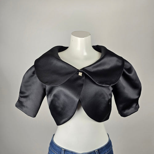 Vintage Jessica Black Satin Cropped Bolero Jacket with Oversized Collar Size 10