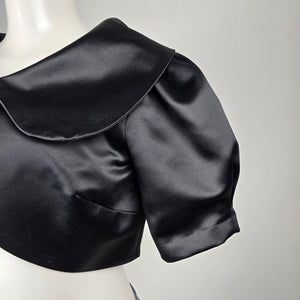Vintage Jessica Black Satin Cropped Bolero Jacket with Oversized Collar Size 10