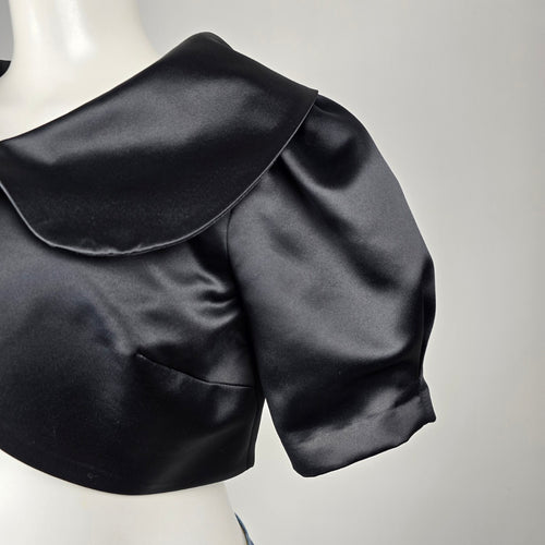 Vintage Jessica Black Satin Cropped Bolero Jacket with Oversized Collar Size 10