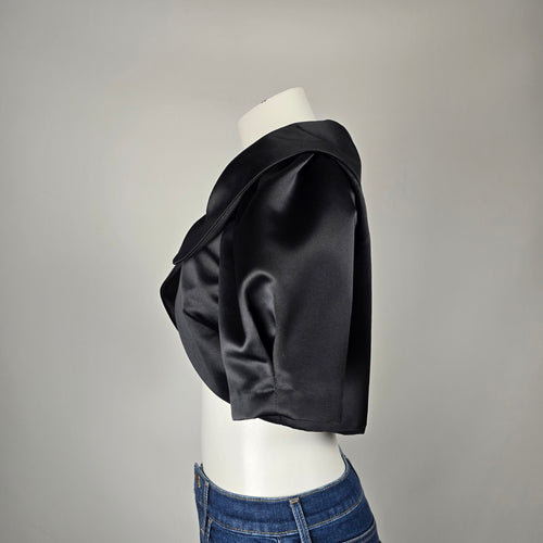Vintage Jessica Black Satin Cropped Bolero Jacket with Oversized Collar Size 10