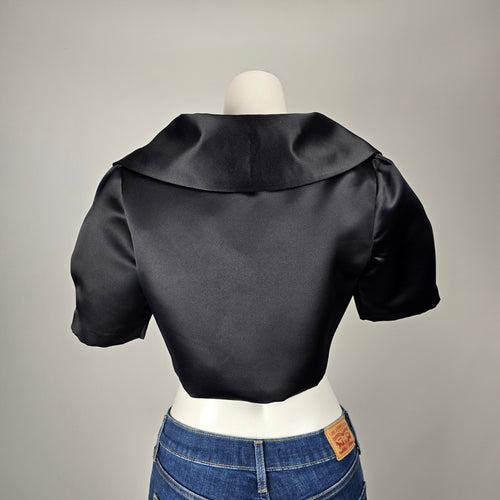 Vintage Jessica Black Satin Cropped Bolero Jacket with Oversized Collar Size 10
