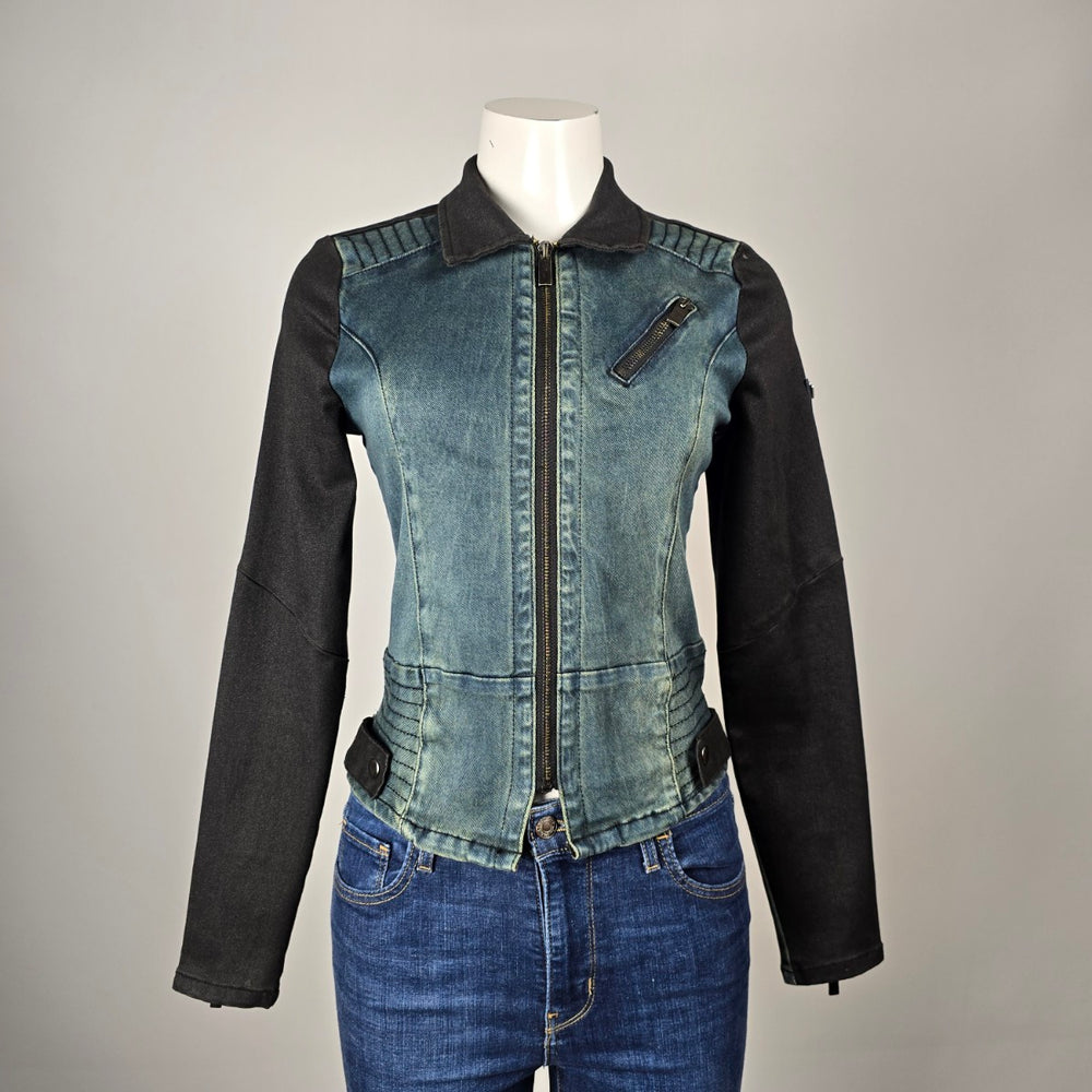 Blackärv two-tone denim & ponte moto jacket, size XS