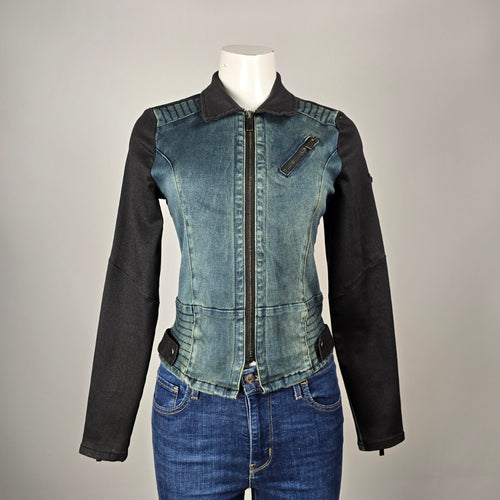 Blackärv two-tone denim & ponte moto jacket, size XS