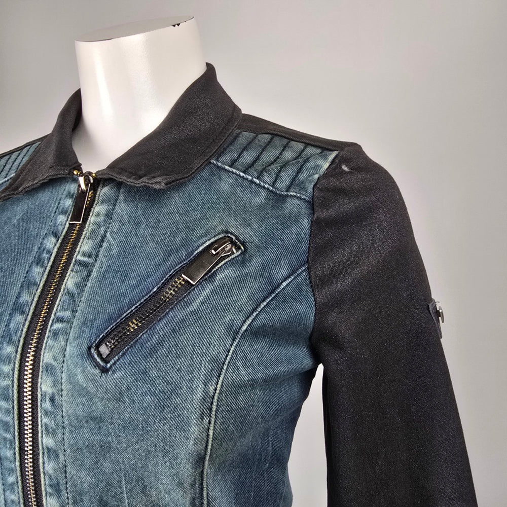 Blackärv two-tone denim & ponte moto jacket, size XS