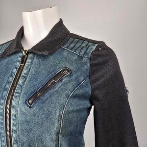 Blackärv two-tone denim & ponte moto jacket, size XS