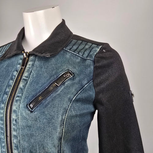 Blackärv two-tone denim & ponte moto jacket, size XS