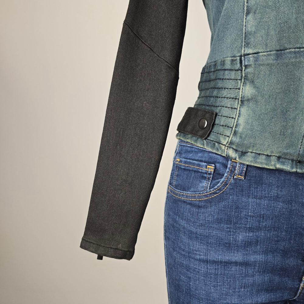 Blackärv two-tone denim & ponte moto jacket, size XS