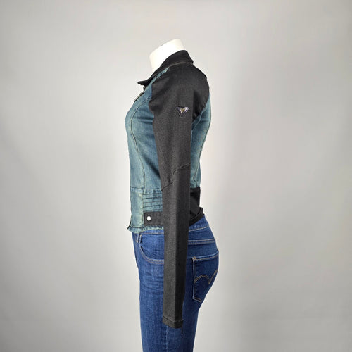 Blackärv two-tone denim & ponte moto jacket, size XS