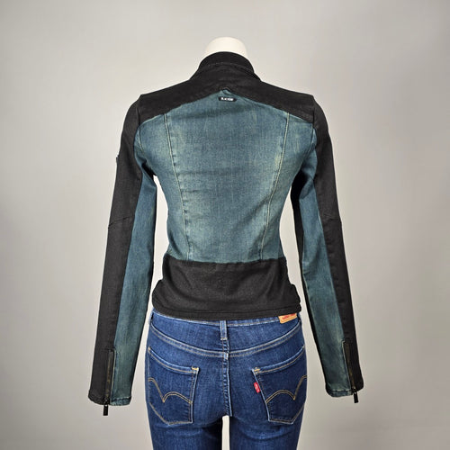 Blackärv two-tone denim & ponte moto jacket, size XS