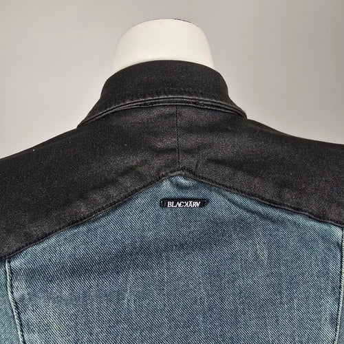 Blackärv two-tone denim & ponte moto jacket, size XS