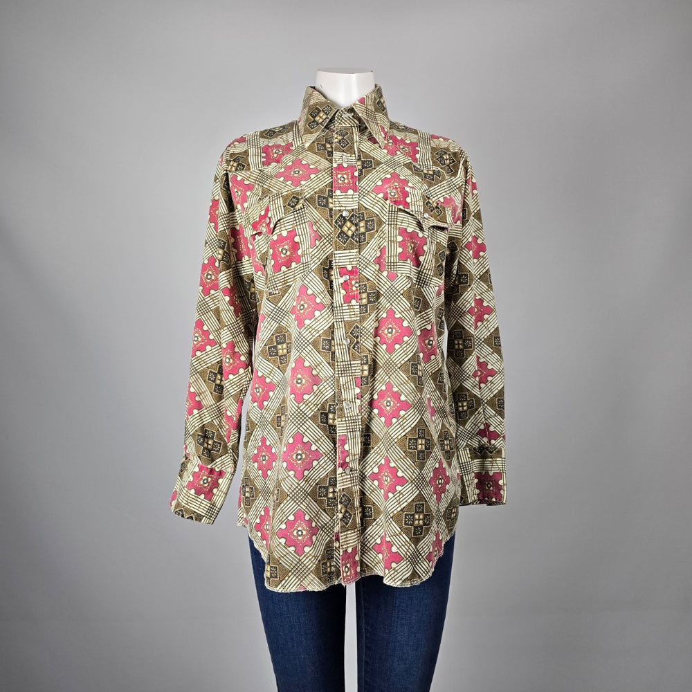 Vintage Western Classics Pink Geometric Print Western Pearl Snap Button Shirt M/L