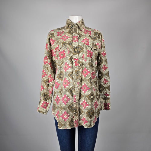 Vintage Western Classics Pink Geometric Print Western Pearl Snap Button Shirt M/L