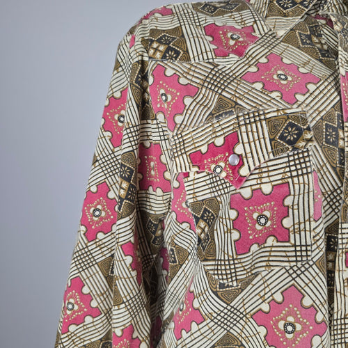 Vintage Western Classics Pink Geometric Print Western Pearl Snap Button Shirt M/L