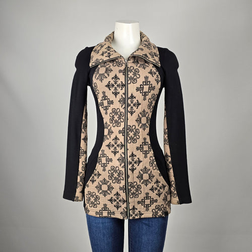 Tonna Debells Beige & Black Geometric Print Zip Jacket Size XS