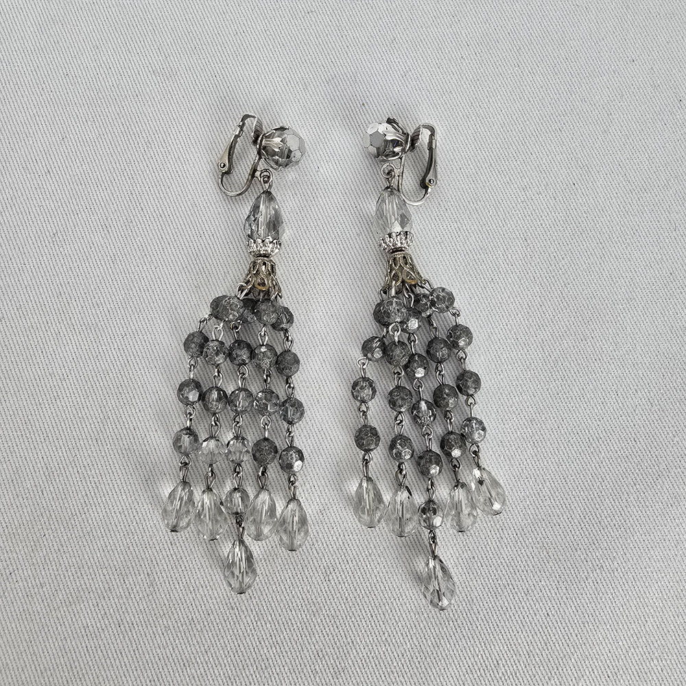 Signed Sherman Crystal Fringe Clip Earrings — Vintage Montreal Costume Jewelry
