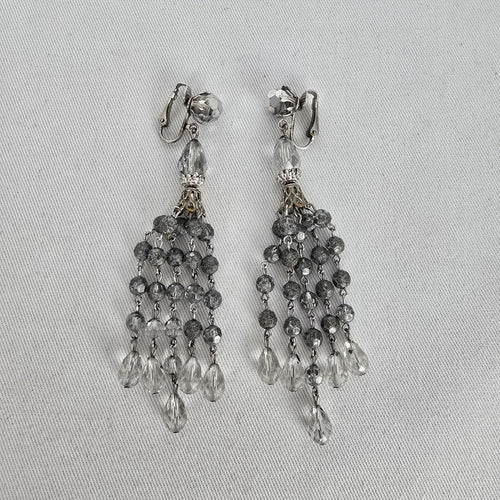 Signed Sherman Crystal Fringe Clip Earrings — Vintage Montreal Costume Jewelry