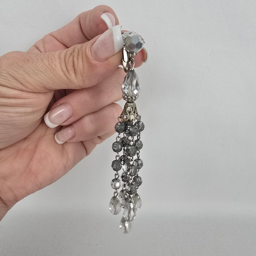 Signed Sherman Crystal Fringe Clip Earrings — Vintage Montreal Costume Jewelry