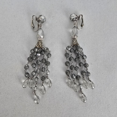Signed Sherman Crystal Fringe Clip Earrings — Vintage Montreal Costume Jewelry