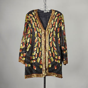 Vintage Channa Beaded Sequin Black Silk Blazer Jacket – Size 2XL