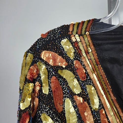 Vintage Channa Beaded Sequin Black Silk Blazer Jacket – Size 2XL