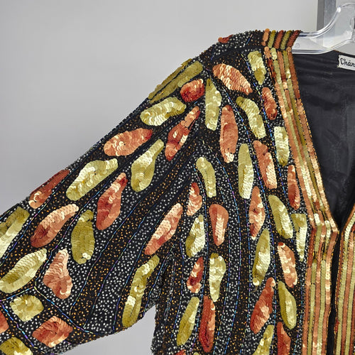 Vintage Channa Beaded Sequin Black Silk Blazer Jacket – Size 2XL