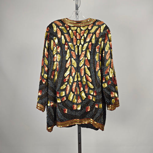 Vintage Channa Beaded Sequin Black Silk Blazer Jacket – Size 2XL