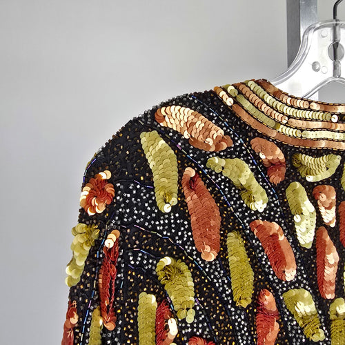 Vintage Channa Beaded Sequin Black Silk Blazer Jacket – Size 2XL