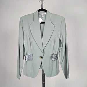 Sophisticate Sage Green Single-Button Blazer with Satin Waist Detail – Size 8