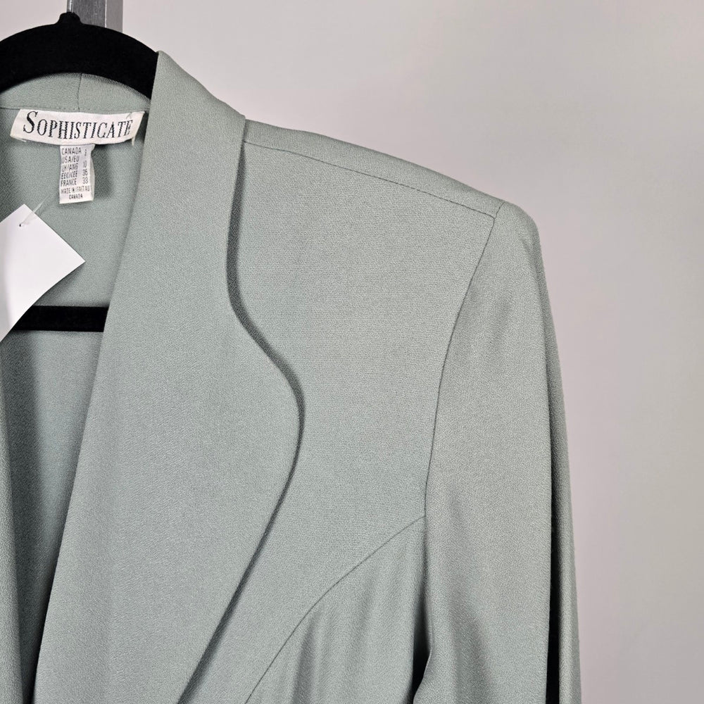 Sophisticate Sage Green Single-Button Blazer with Satin Waist Detail – Size 8