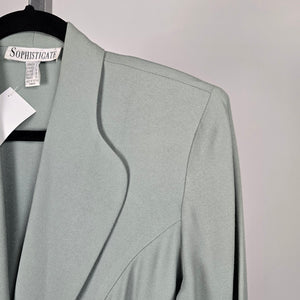 Sophisticate Sage Green Single-Button Blazer with Satin Waist Detail – Size 8