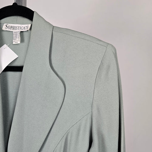 Sophisticate Sage Green Single-Button Blazer with Satin Waist Detail – Size 8