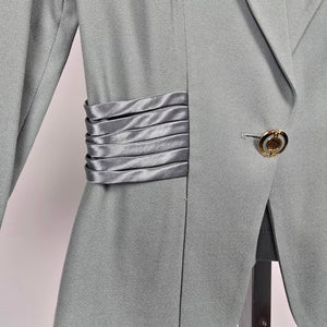Sophisticate Sage Green Single-Button Blazer with Satin Waist Detail – Size 8