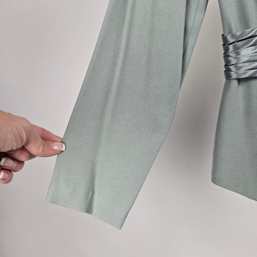Sophisticate Sage Green Single-Button Blazer with Satin Waist Detail – Size 8