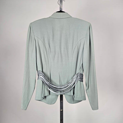 Sophisticate Sage Green Single-Button Blazer with Satin Waist Detail – Size 8