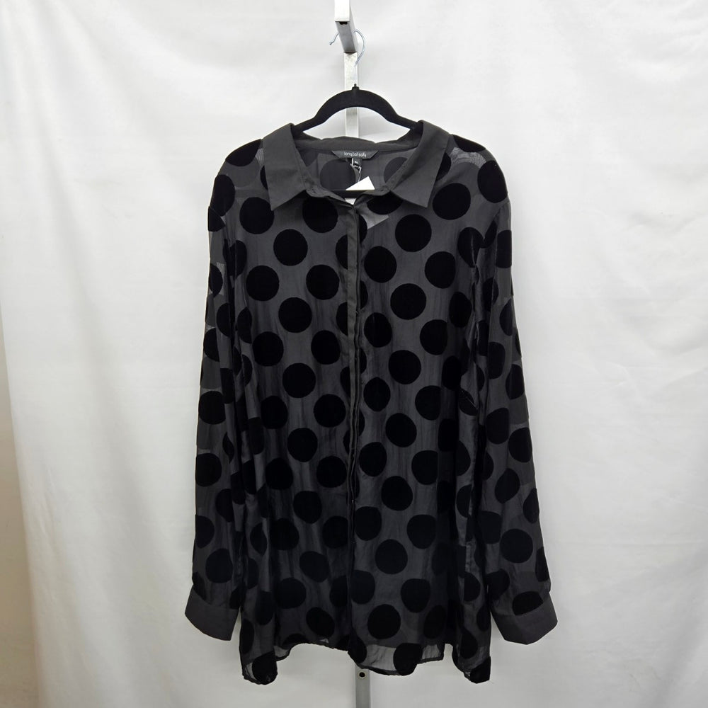Long Tall Sally Black Velvet Polka Dot Sheer Button Up Blouse – Size XL